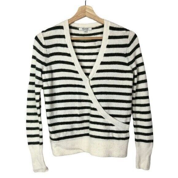 Madewell Wrap Front Sweater in Elthorne Green & White Stripe XXS - Picture 2 of 6